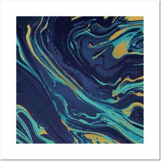 Ocean - Navy Teal Gold Marbled Abstract Pattern Posters and Art